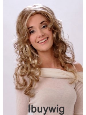 Flexibility Blonde Wavy With Bangs Monofilament Long Wigs