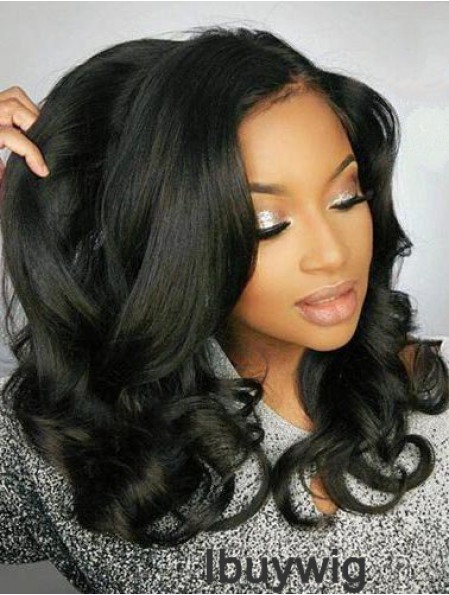 Remy Human Hair Black Wavy 18 inch Without Bangs 360 Lace Wigs