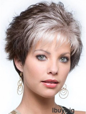 Durable Capless Curly Cropped 4 inch Salt And Pepper Grey Wigs