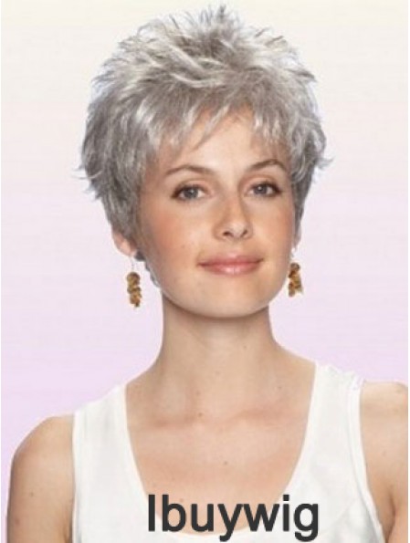 Grey Wig With Capless Cropped Length Boycuts Wavy Style