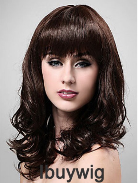 Shoulder Length With Bangs 20 inch Wavy Brown Medium Wigs