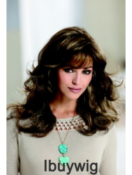 Sleek Brown Wavy With Bangs Capless Long Wigs