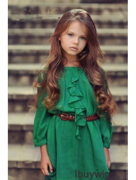 Hand-Tied Wavy Long Auburn Remy Human Hair Lace Front Monofilament Kids Wigs