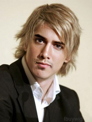 Chin Length Layered Blonde Wavy Human Hair Wigs For Men UK