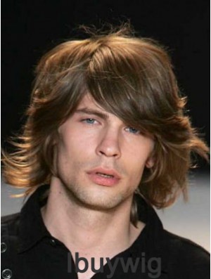 Auburn Chin Length Capless Wavy Mens Real Hair Wig