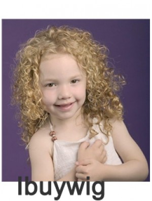 Curly Shoulder Length Blonde Synthetic 100% Hand-tied Kids Wigs