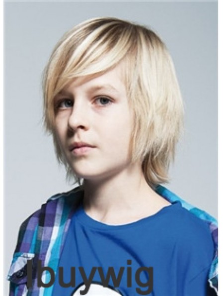 Straight Chin Length Blonde Remy Human Hair Capless Kids Wigs