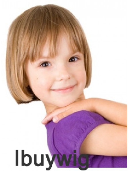 Straight Short Blonde Remy Human Hair 100% Hand-tied Kids Wigs