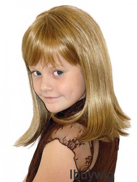 Straight Shoulder Length Blonde Synthetic 100% Hand-tied Kids Wigs
