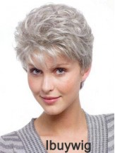 Durable Wigs For Elderly Lady With Synthetic Grey Cut Wavy Style