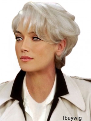 Grey Short Remy Human Hair Capless Wavy Wigs for Lady 8 Inch